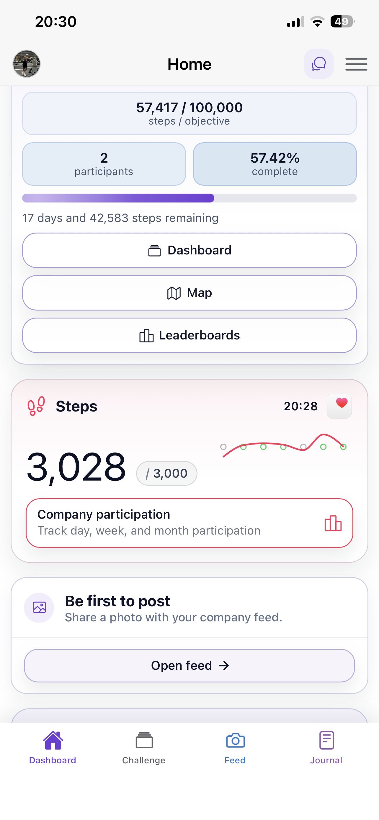 Asset Health Global home dashboard showing challenge progress, steps, feed, and journal navigation
